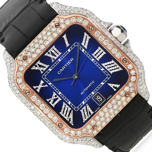 NEW 3.50TCW Natural Diamond Cartier Santos Large 40mm Pave Roman Blue Dial Men's