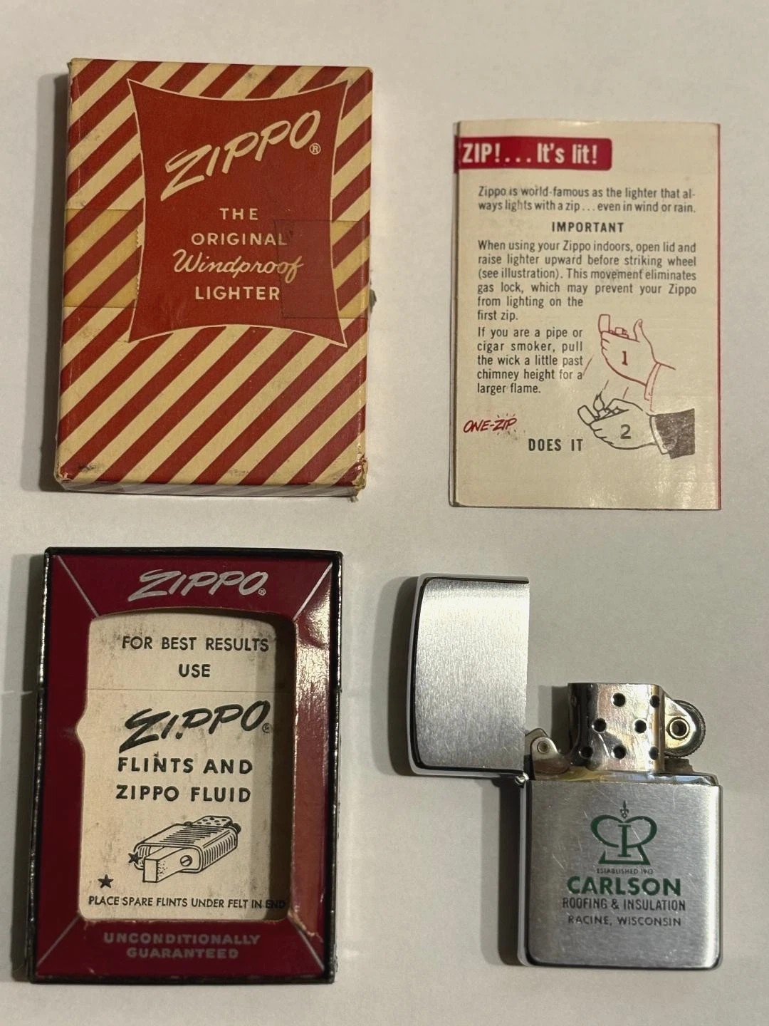 Vintage Zippo Brushed Chrome Lighter Red Stripe Box