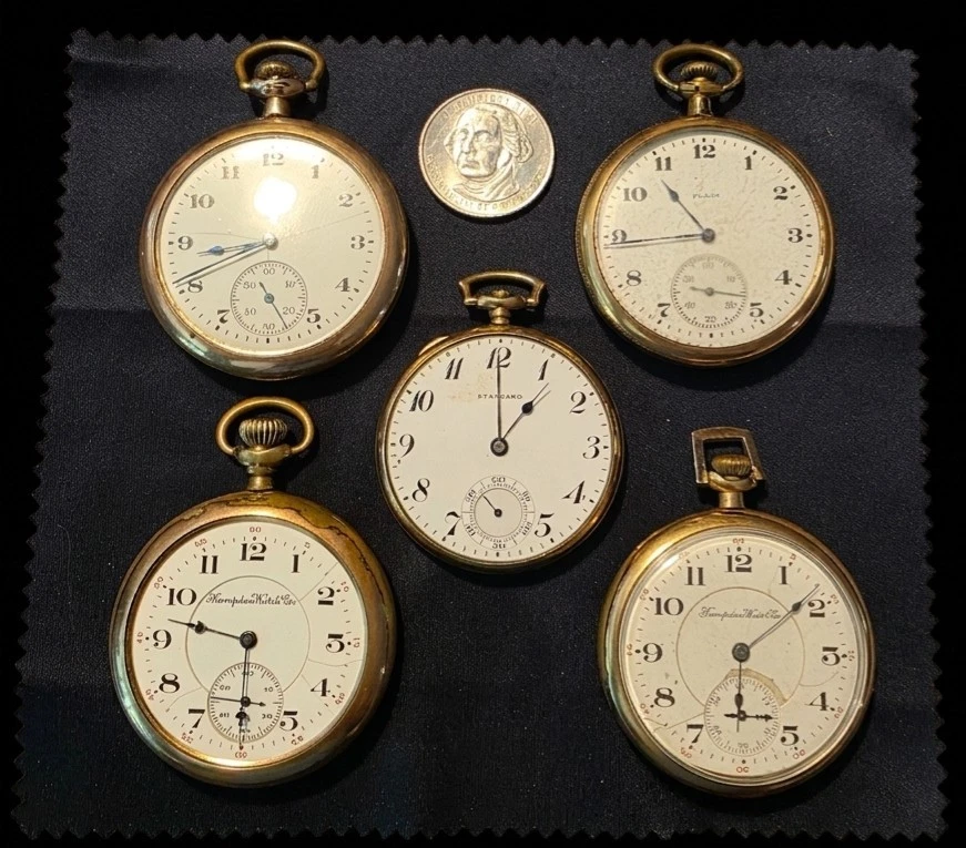 Lot Of 5 Vintage Open-Face Pocket Watches (Hampden, Elgin, Standard)